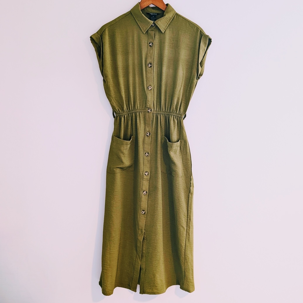 Olive Green Button-Down Midi Dress